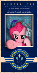 Size: 600x1140 | Tagged: safe, artist:dan232323, imported from derpibooru, pinkie pie, pony, 2014, female, good morning vietnam, microphone, parody