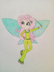 Size: 864x1152 | Tagged: safe, artist:wildguardianangel31, imported from derpibooru, fluttershy, fairy, equestria girls, barely eqg related, bracelet, clothes, crossover, fairy wings, fairyized, fern the green fairy, geode of fauna, green clothes, green wings, hairpin, jewelry, looking away, magic wand, magical geodes, necklace, rainbow magic (series), shoes, solo, traditional art, wings