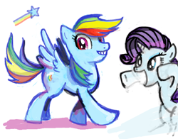 Size: 600x470 | Tagged: safe, artist:sukaponta, imported from derpibooru, rainbow dash, rarity, pegasus, pony, unicorn, bipedal, duo, female, horn, looking at you, mare, rainbow, simple background, spread wings, stars, white background, wings