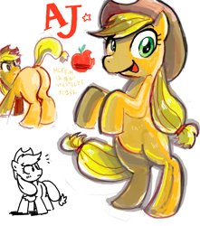 Size: 600x680 | Tagged: safe, artist:sukaponta, imported from derpibooru, applejack, earth pony, pony, apple, applejack's hat, bipedal, butt, cowboy hat, female, food, hat, japanese, looking at you, mare, plot, simple background, solo, standing on two hooves, stars, white background