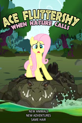 Size: 663x995 | Tagged: safe, artist:dan232323, imported from derpibooru, fluttershy, cragadile, crocodile, pegasus, pony, 2014, ace ventura, female, mare, parody, solo