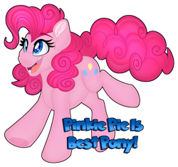 Size: 1280x1205 | Tagged: safe, artist:missbramblemele, imported from derpibooru, pinkie pie, earth pony, pony, best pony, ear fluff, female, hooves, mare, open mouth, open smile, simple background, smiling, solo, tail, text, transparent background