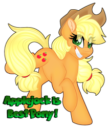 Size: 1280x1503 | Tagged: safe, artist:missbramblemele, imported from derpibooru, applejack, earth pony, pony, applejack's hat, best pony, cowboy hat, ear fluff, eye clipping through hair, female, grin, hat, hooves, mare, raised hoof, simple background, smiling, solo, tail, text, transparent background