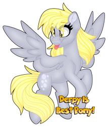 Size: 1280x1493 | Tagged: safe, artist:missbramblemele, imported from derpibooru, derpy hooves, pegasus, pony, :p, best pony, cute, derpabetes, ear fluff, eye clipping through hair, eyebrows, eyebrows visible through hair, female, hooves, mare, simple background, solo, spread wings, tail, text, tongue out, transparent background, wings