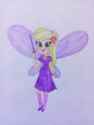 Size: 864x1152 | Tagged: safe, artist:wildguardianangel31, imported from derpibooru, applejack, fairy, equestria girls, barely eqg related, bracelet, clothes, crossover, dress, fairy wings, fairyized, flower, flower in hair, geode of super strength, heather the violet fairy, jewelry, looking at you, magic wand, magical geodes, necklace, open mouth, purple dress, purple shoes, purple wings, rainbow magic (series), shoes, solo, traditional art, wings