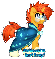 Size: 1280x1384 | Tagged: safe, artist:missbramblemele, imported from derpibooru, sunburst, pony, unicorn, best pony, blaze (coat marking), cloak, clothes, coat markings, cute, ear fluff, facial markings, glasses, grin, horn, male, messy mane, simple background, smiling, socks (coat markings), solo, stallion, standing, sunbetes, sunburst's cloak, tail, text, transparent background