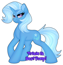 Size: 1280x1338 | Tagged: safe, artist:missbramblemele, imported from derpibooru, trixie, pony, unicorn, best pony, bestest best pony, ear fluff, eyebrows, female, hooves, horn, lidded eyes, looking at you, mare, raised eyebrow, simple background, smiling, solo, standing, tail, text, transparent background