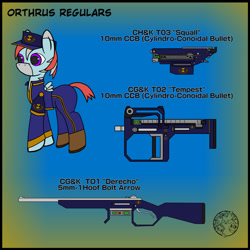 Size: 1024x1024 | Tagged: safe, artist:dice-warwick, imported from derpibooru, pony, fallout equestria, fallout equestria: dance of the orthrus, clothes, fanfic art, gun, mirage pony, rifle, solo, uniform, weapon