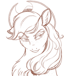 Size: 1852x1988 | Tagged: safe, artist:silverwolf866, imported from derpibooru, applejack, earth pony, pony, bust, chest fluff, ear fluff, eyebrows, eyebrows visible through hair, female, freckles, looking away, mare, monochrome, simple background, sketch, solo, white background, wip