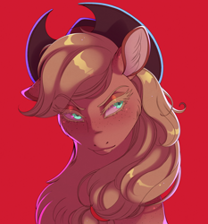 Size: 1852x1988 | Tagged: safe, artist:silverwolf866, imported from derpibooru, applejack, earth pony, pony, bust, chest fluff, ear fluff, eyebrows, eyebrows visible through hair, female, freckles, looking away, mare, red background, simple background, solo, white background