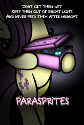 Size: 608x900 | Tagged: safe, artist:dan232323, imported from derpibooru, fluttershy, parasprite, pegasus, pony, 2014, box, crossover, female, gremlins, legs together, mare, parody