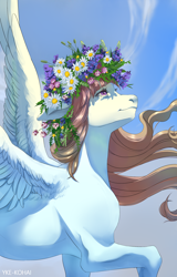 Size: 1600x2500 | Tagged: safe, artist:yke_kohai, imported from derpibooru, oc, oc only, pegasus, pony, bust, female, floral head wreath, flower, flower in hair, happy, portrait, sky, smiling, solo, spring, sun, windswept mane