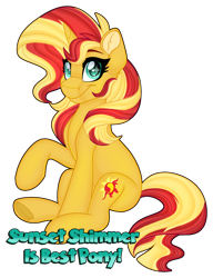 Size: 1280x1663 | Tagged: safe, artist:missbramblemele, imported from derpibooru, sunset shimmer, pony, unicorn, :t, best pony, cute, ear fluff, female, hooves, horn, looking at you, mare, raised hoof, shimmerbetes, simple background, sitting, smiling, solo, tail, text, transparent background, two toned mane, two toned tail, underhoof