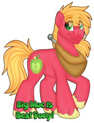 Size: 1280x1664 | Tagged: safe, artist:missbramblemele, imported from derpibooru, big macintosh, earth pony, pony, best pony, chin fluff, ear fluff, eye clipping through hair, eyebrows, eyebrows visible through hair, hooves, male, raised hoof, simple background, smiling, solo, stallion, standing, tail, text, transparent background, unshorn fetlocks