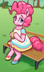 Size: 2000x3260 | Tagged: safe, artist:phutashi, imported from derpibooru, pinkie pie, semi-anthro, aside glance, bench, bubble tea, clothes, cup, dress, female, high res, hoof hands, hoof hold, looking at you, outdoors, shoes, sitting, solo