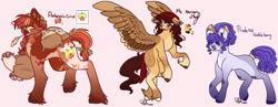 Size: 3100x1200 | Tagged: safe, artist:kittenkat20022, imported from derpibooru, oc, oc only, oc:ambrosia crisp, oc:mc nervous may, oc:prudence huckleberry, earth pony, pegasus, pony, bandana, bow, braid, coat markings, earth pony oc, female, hair bow, magical lesbian spawn, mare, nose piercing, nose ring, offspring, parent:applejack, parent:big macintosh, parent:fluttershy, parent:rarity, parent:trouble shoes, parents:fluttermac, parents:rarijack, parents:troubleshy, pegasus oc, piercing, pink background, sack, simple background, straw in mouth, tail, tail wrap, trio, unshorn fetlocks, white background