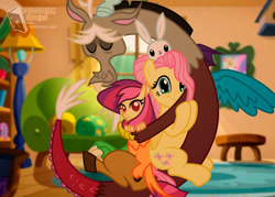 Size: 1280x918 | Tagged: safe, artist:bb2am, imported from derpibooru, angel bunny, discord, fluttershy, oc, draconequus, hybrid, pegasus, pony, rabbit, the last problem, animal, discoshy, family, female, fluttershy's cottage, hug, interspecies offspring, male, next generation, offspring, parent:discord, parent:fluttershy, parents:discoshy, photo, picture, picture frame, shipping, show accurate, smiling, straight, sunset