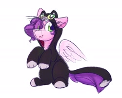 Size: 1772x1432 | Tagged: safe, artist:lbrcloud, imported from derpibooru, pipp petals, pegasus, pony, catsuit, clothes, colored wings, costume, eye clipping through hair, female, g5, kigurumi, looking at you, mare, open mouth, open smile, partially open wings, simple background, sitting, smiling, smiling at you, solo, white background, wings