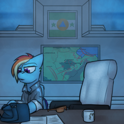 Size: 800x800 | Tagged: safe, artist:captainhoers, imported from derpibooru, rainbow dash, pegasus, pony, the sunjackers, bag, coffee mug, desk, female, mare, mug, older, older rainbow dash, solo