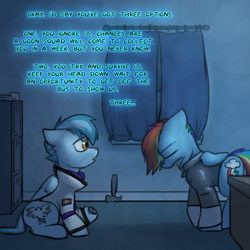 Size: 800x800 | Tagged: safe, artist:captainhoers, imported from derpibooru, rainbow dash, oc, oc:concorde, pegasus, pony, the sunjackers, dialogue, duo, eyes closed, female, head down, mare, office, offspring, older, older rainbow dash, parent:soarin', parent:spitfire, parents:soarinfire