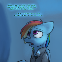 Size: 800x800 | Tagged: safe, artist:captainhoers, imported from derpibooru, rainbow dash, pegasus, pony, the sunjackers, dialogue, female, floppy ears, mare, older, older rainbow dash, solo