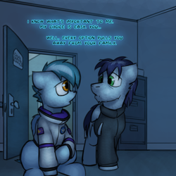 Size: 800x800 | Tagged: safe, artist:captainhoers, imported from derpibooru, soarin', oc, oc:concorde, pegasus, pony, the sunjackers, dialogue, father and child, looking at each other, looking at someone, male, office, offscreen character, offspring, older soarin', parent:soarin', parent:spitfire, parents:soarinfire, stallion