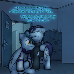 Size: 800x800 | Tagged: safe, artist:captainhoers, imported from derpibooru, soarin', oc, oc:concorde, pegasus, pony, the sunjackers, duo, eyes closed, father and child, hug, male, office, offscreen character, offspring, older, older soarin', parent:soarin', parent:spitfire, parents:soarinfire, stallion, winghug, wings