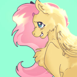 Size: 1280x1280 | Tagged: safe, artist:spiritsoda, imported from derpibooru, fluttershy, pegasus, pony, cheek fluff, chest fluff, female, green background, grin, mare, profile, simple background, smiling, solo