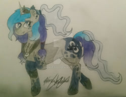 Size: 1024x787 | Tagged: safe, artist:monse2001, imported from derpibooru, oc, oc only, bat pony, bat pony unicorn, hybrid, pony, unicorn, deviantart watermark, female, horn, mare, obtrusive watermark, offspring, parent:oc:artemis, parent:princess luna, parents:canon x oc, raised hoof, signature, solo, traditional art, unicorn oc, watermark