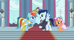 Size: 1280x698 | Tagged: safe, artist:themexicanpunisher, imported from derpibooru, rainbow dash, scootaloo, soarin', pegasus, pony, clothes, dress, female, filly, flower girl dress, foal, male, mare, marriage, shipping, soarindash, stallion, straight, suit, wedding, wedding dress