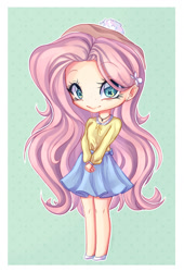 Size: 1024x1504 | Tagged: safe, artist:maneblue, imported from derpibooru, fluttershy, human, clothes, eyelashes, female, green background, hairclip, humanized, simple background, skirt, smiling, solo