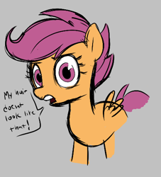 Size: 445x490 | Tagged: safe, artist:_ton618_, imported from derpibooru, scootaloo, pegasus, pony, aggie.io, blank flank, dialogue, exclamation point, eyebrows, female, filly, foal, looking at you, mare, open mouth, simple background, solo, speech bubble, talking, talking to viewer, teeth, text