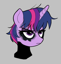 Size: 862x896 | Tagged: safe, artist:_ton618_, imported from derpibooru, twilight sparkle, pony, unicorn, aggie.io, clothes, costume, eyeshadow, female, frown, gray background, grumpy, makeup, mare, simple background, solo