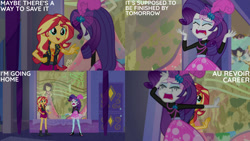 Size: 1280x720 | Tagged: safe, edit, edited screencap, editor:quoterific, imported from derpibooru, screencap, rarity, sunset shimmer, display of affection, equestria girls, equestria girls series, clothes, cutie mark on clothes, duo, duo female, eyes closed, female, geode of empathy, hairpin, jacket, jewelry, leather, leather jacket, magical geodes, marshmelodrama, necklace, open mouth, open smile, rarity being rarity, smiling, text