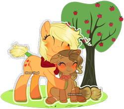 Size: 2468x2169 | Tagged: safe, artist:stormcloud-yt, imported from derpibooru, applejack, oc, oc:anahita, earth pony, pony, apple, apple tree, base used, blushing, cute, duo, earth pony oc, eyelashes, female, hug, jackabetes, mare, mother and child, mother and daughter, ocbetes, offspring, parent:applejack, parent:trouble shoes, parents:troublejack, simple background, tail, tail wrap, transparent background, tree