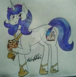 Size: 1920x1948 | Tagged: safe, artist:monse2001, imported from derpibooru, oc, oc only, oc:niyat, bird, owl, pony, unicorn, book, deviantart watermark, female, hoof shoes, horn, mare, obtrusive watermark, offspring, parent:comet tail, parent:twilight sparkle, parents:cometlight, signature, smiling, traditional art, unicorn oc, watermark