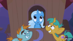 Size: 640x360 | Tagged: safe, imported from derpibooru, screencap, snails, snips, trixie, pony, unicorn, boast busters, season 1, animated, colt, eyes closed, female, foal, gif, gifs.com, male, mare, night, open mouth, shrunken pupils, trio, wheel o feet