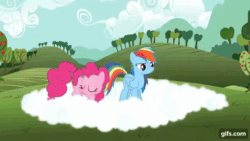 Size: 640x360 | Tagged: safe, imported from derpibooru, screencap, pinkie pie, rainbow dash, earth pony, pegasus, pony, season 3, too many pinkie pies, ^^, animated, cloud, cute, diapinkes, duo, eyes closed, female, gif, gifs.com, mare, open mouth, open smile, running, smiling