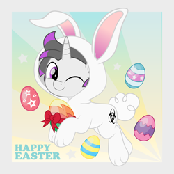Size: 5000x5000 | Tagged: safe, artist:jhayarr23, imported from derpibooru, oc, oc only, oc:haze rad, pony, unicorn, absurd resolution, animal costume, bow, bunny costume, bunny ears, clothes, commission, commissioner:biohazard, costume, cute, easter, easter egg, floppy ears, fluffy tail, holiday, horn, looking at you, male, ocbetes, one eye closed, purple eyes, ribbon, simple background, smiling, smiling at you, solo, stallion, tail, text, unicorn oc, wink, winking at you, ych result