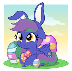 Size: 5066x5000 | Tagged: safe, artist:jhayarr23, imported from derpibooru, oc, oc only, oc:lishka, pegasus, pony, absurd resolution, amber eyes, bunny ears, commission, commissioner:biohazard, cute, easter egg, eyelashes, female, floppy ears, mare, ocbetes, pegasus oc, simple background, smiling, solo, tail, text, two toned mane, two toned tail, ych result