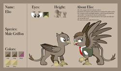 Size: 1920x1129 | Tagged: safe, artist:alexdti, imported from derpibooru, oc, oc only, oc:elio, griffon, clothes, folded wings, full body, griffon oc, male, open mouth, raised eyebrow, reference sheet, solo, spread wings, standing, wings