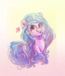 Size: 1079x1274 | Tagged: safe, artist:avui, imported from derpibooru, izzy moonbow, pony, unicorn, blushing, cute, female, g5, gradient background, heart, izzybetes, mare, open mouth, open smile, smiling, solo