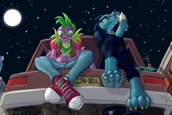 Size: 2225x1496 | Tagged: safe, artist:frist44, imported from derpibooru, spike, anthro, crocodile, digitigrade anthro, dragon, barefoot, beatrice santello, beatrike, boots, car, cigarette, claws, clothes, converse, crossover, crossover shipping, eyeshadow, featured image, feet, female, food, from below, ice cream, jeans, licking, makeup, male, night in the woods, not ember, older, older spike, pants, paws, pensive, shipping, shoes, shoes removed, sitting on car, smoking, sneakers, soles, spoon, stars, straight, tail pipe, thinking, toes, tongue out, underfoot, underpaw