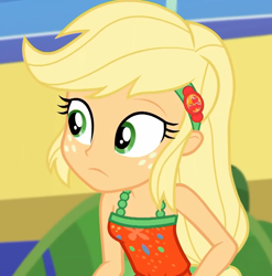 Size: 1065x1080 | Tagged: safe, imported from derpibooru, screencap, applejack, equestria girls, equestria girls series, spring breakdown, spoiler:eqg series (season 2), bare shoulders, blonde, clothes, cropped, female, hatless, missing accessory, sleeveless, solo