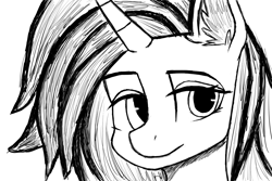 Size: 1500x1000 | Tagged: safe, artist:kpapwiss, imported from derpibooru, dj pon-3, vinyl scratch, pony, unicorn, ear fluff, eyelashes, female, g4, grayscale, horn, looking at you, mare, missing accessory, monochrome, no glasses, simple background, sketch, solo, white background