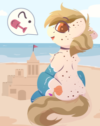 Size: 1600x2000 | Tagged: safe, artist:rhythmpixel, imported from derpibooru, oc, oc only, oc:sand dollar, earth pony, beach, female, freckles, lineless, looking at you, looking back, looking back at you, mare, sandcastle, solo, water socks