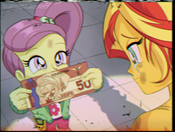 Size: 1280x960 | Tagged: safe, artist:theratedrshimmer, imported from derpibooru, radiant hope, sunset shimmer, comic:the tale of two sunsets, equestria girls, '90s, 90s anime, aesthetics, anime style, banknote, beaten up, bill, blurry, chromatic aberration, console, crying, cute, game boy, lily pad (g4), looking at each other, looking at someone, messy hair, retro, vhs