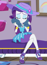 Size: 699x949 | Tagged: safe, imported from derpibooru, screencap, rarity, camping must-haves, equestria girls, equestria girls series, spoiler:eqg series (season 2), couch, cropped, crossed legs, eyes closed, female, geode of shielding, hat, magical geodes, puckered lips, rarity peplum dress, rarity's bedroom, sitting, solo