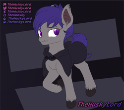 Size: 1573x1397 | Tagged: safe, artist:thehuskylord, imported from derpibooru, oc, oc only, oc:night veil, bat pony, pony, bat ears, cloak, clothes, simple background, smiling, solo, unshorn fetlocks