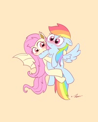 Size: 1643x2048 | Tagged: safe, artist:leo19969525, imported from derpibooru, fluttershy, rainbow dash, bat pony, pegasus, pony, bat ponified, beige background, biting, blushing, cute, dashabetes, duo, fangs, female, flutterbat, flutterdash, hoof biting, lesbian, race swap, shipping, shyabates, shyabetes, simple background